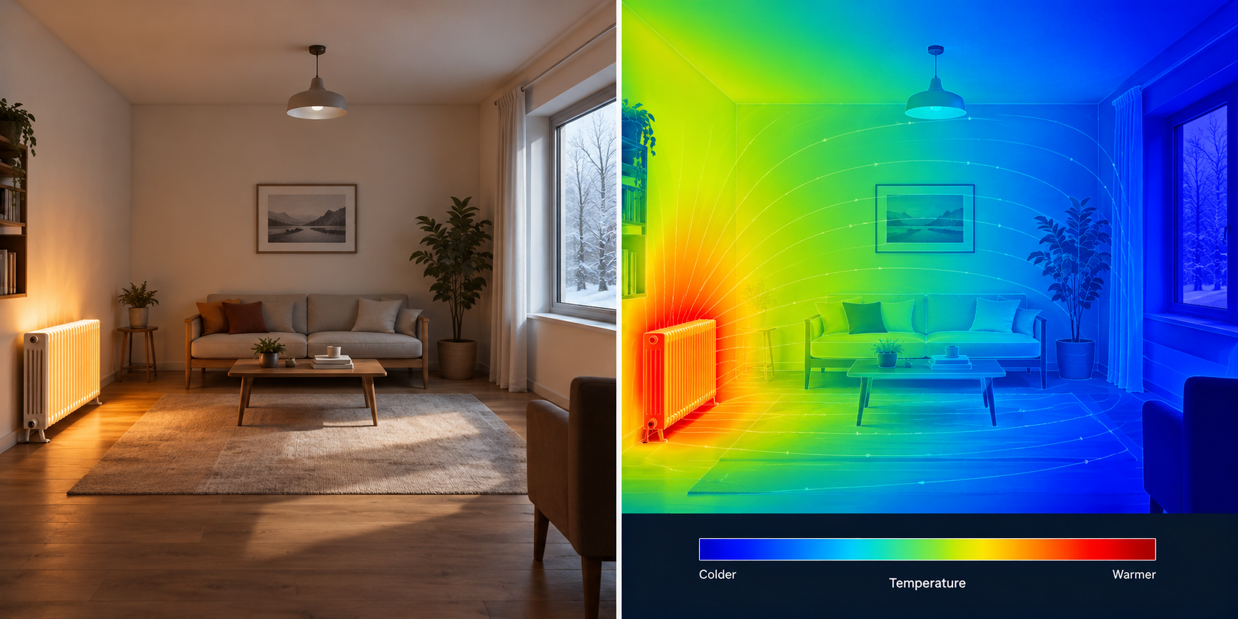 A room shown normally on the left and as a temperature field on the right, with heat concentrated around the heater and cooler temperatures near the window.
